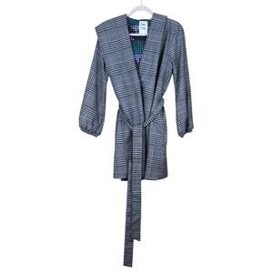 Triple Five Soul Gray Plaid 100% Wool Wrap & Tie Hooded Jacket Coat Size S